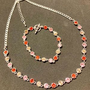 Light and Dark Pink Silver Tone Necklace and Bracelet Set